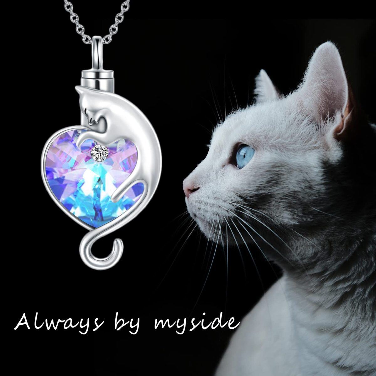 Collier en argent sterling avec chat en cristal et urne en forme de coeur-3