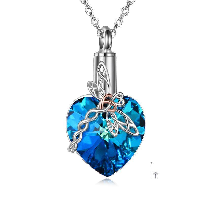 Plata de ley en forma de corazón de cristal nudo celta libélula urna collar para cenizas-1