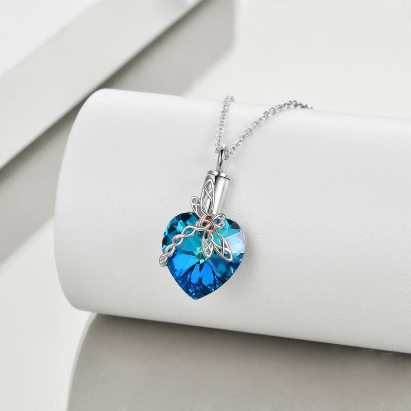 Plata de ley en forma de corazón de cristal nudo celta libélula urna collar para cenizas-3