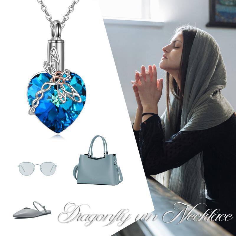 Sterling zilveren hartvormige kristal Keltische knoop Dragonfly Urn ketting voor as-6