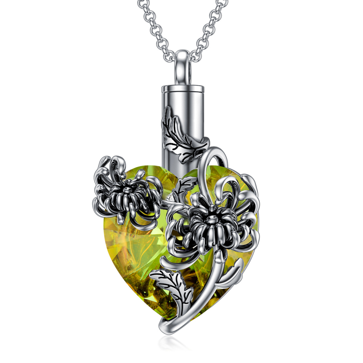 Plata de Ley Crisantemo de Cristal en Forma de Corazón y Collar Urna Corazón para Cenizas-1