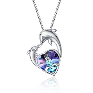 Sterling Silver Heart Shaped Crystal Couple Dolphin Pendant Necklace-60