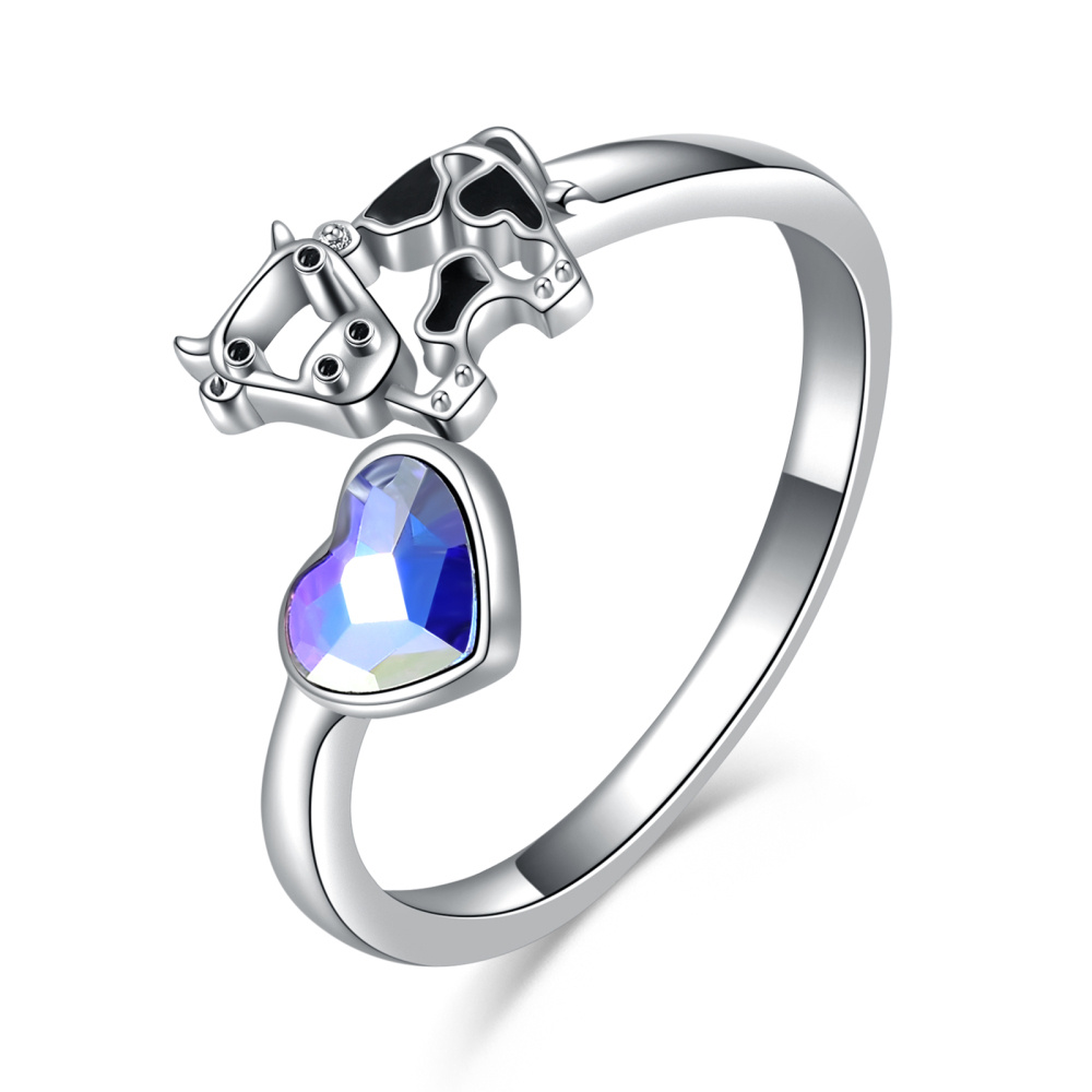Anillo abierto de plata de ley con forma de vaca y corazón y cristal morado-1