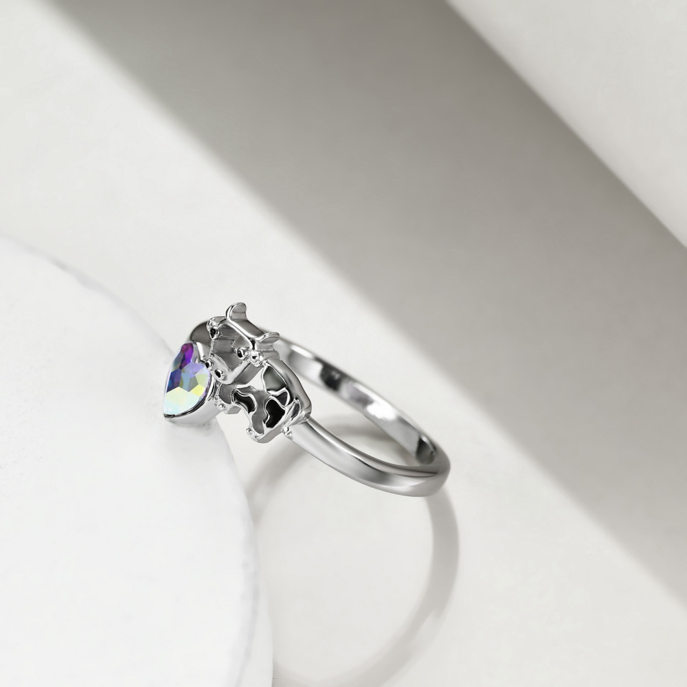 Anillo abierto de plata de ley con forma de vaca y corazón y cristal morado-3