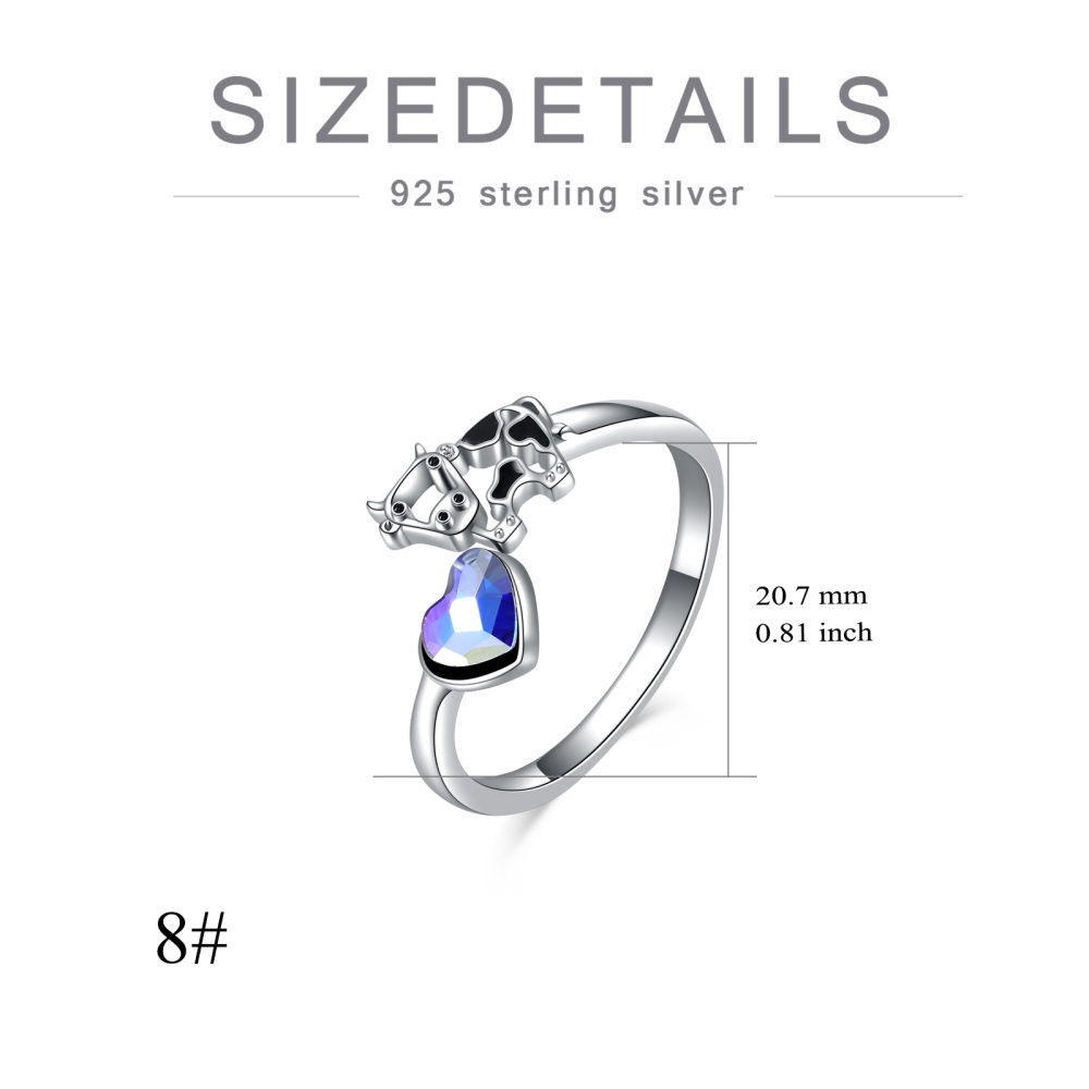 Anillo abierto de plata de ley con forma de vaca y corazón y cristal morado-5