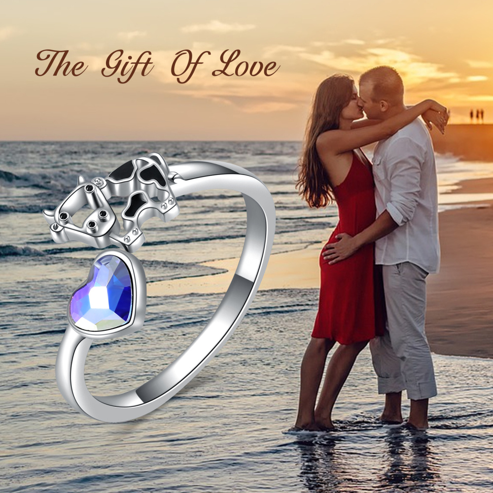 Anillo abierto de plata de ley con forma de vaca y corazón y cristal morado-6