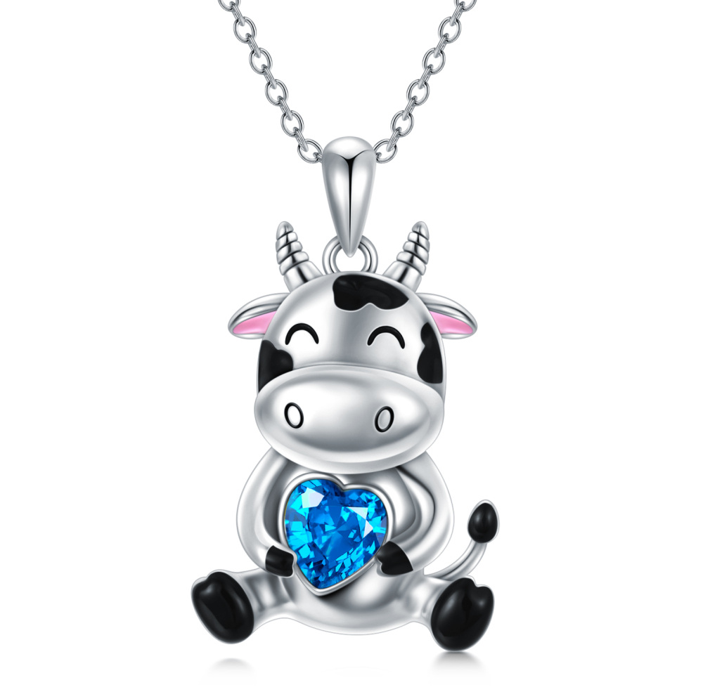 Sterling Silver Heart Crystal Cow & Heart Pendant Necklace For Women-1