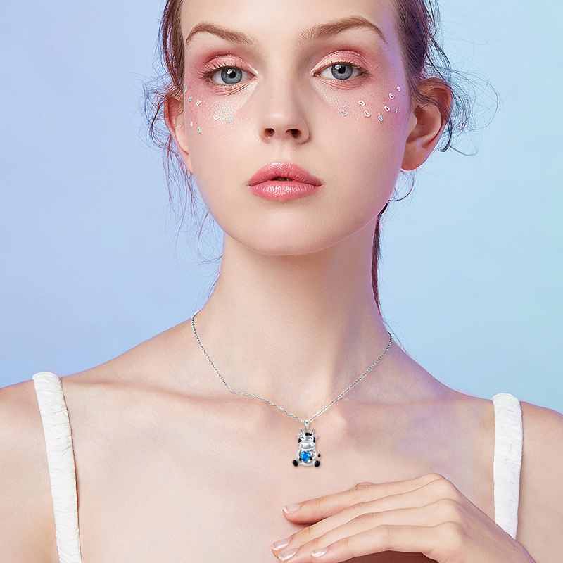 Sterling Silver Heart Crystal Cow & Heart Pendant Necklace For Women-2