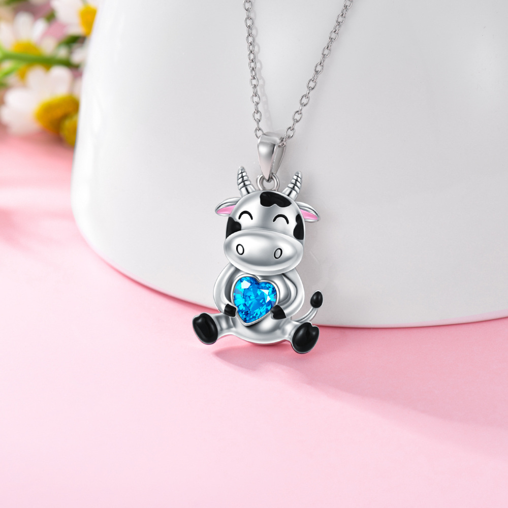 Sterling Silver Heart Crystal Cow & Heart Pendant Necklace For Women-3