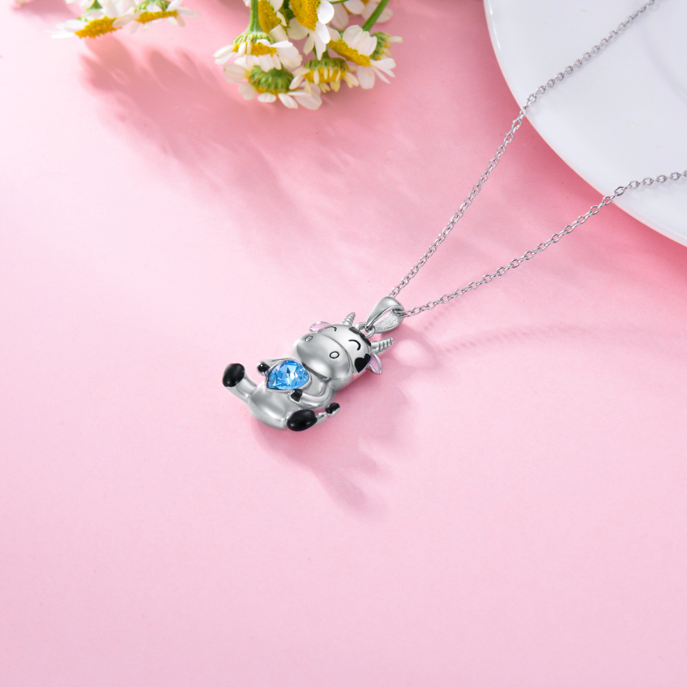 Sterling Silver Heart Crystal Cow & Heart Pendant Necklace For Women-4