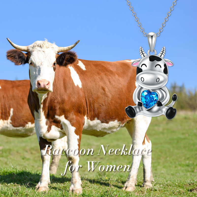 Sterling Silver Heart Crystal Cow & Heart Pendant Necklace For Women-5
