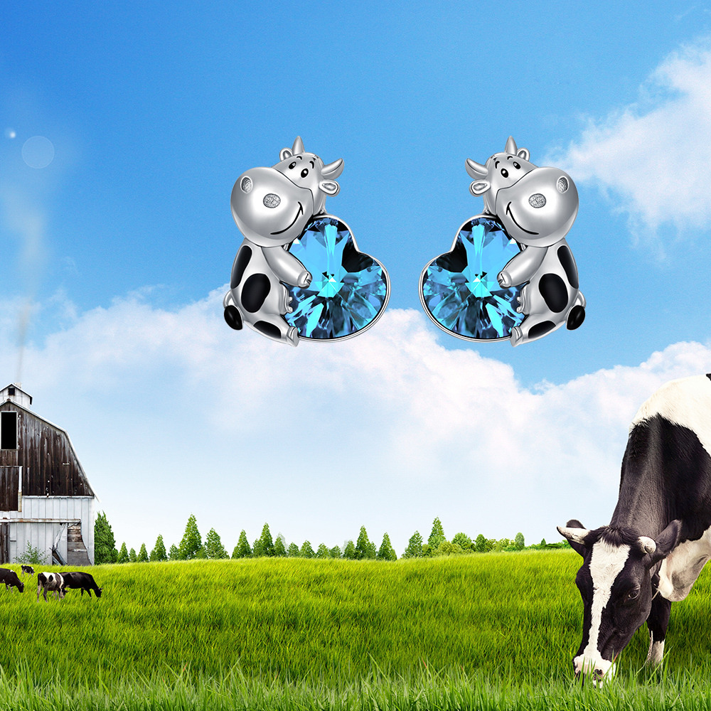 Sterling Silver Heart Crystal Cow Stud Earrings For Women Best Friends-6