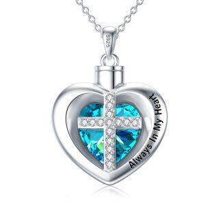 Sterling Silver Heart Crystal Cross Urn Necklace For Ashes Always In My Heart-2