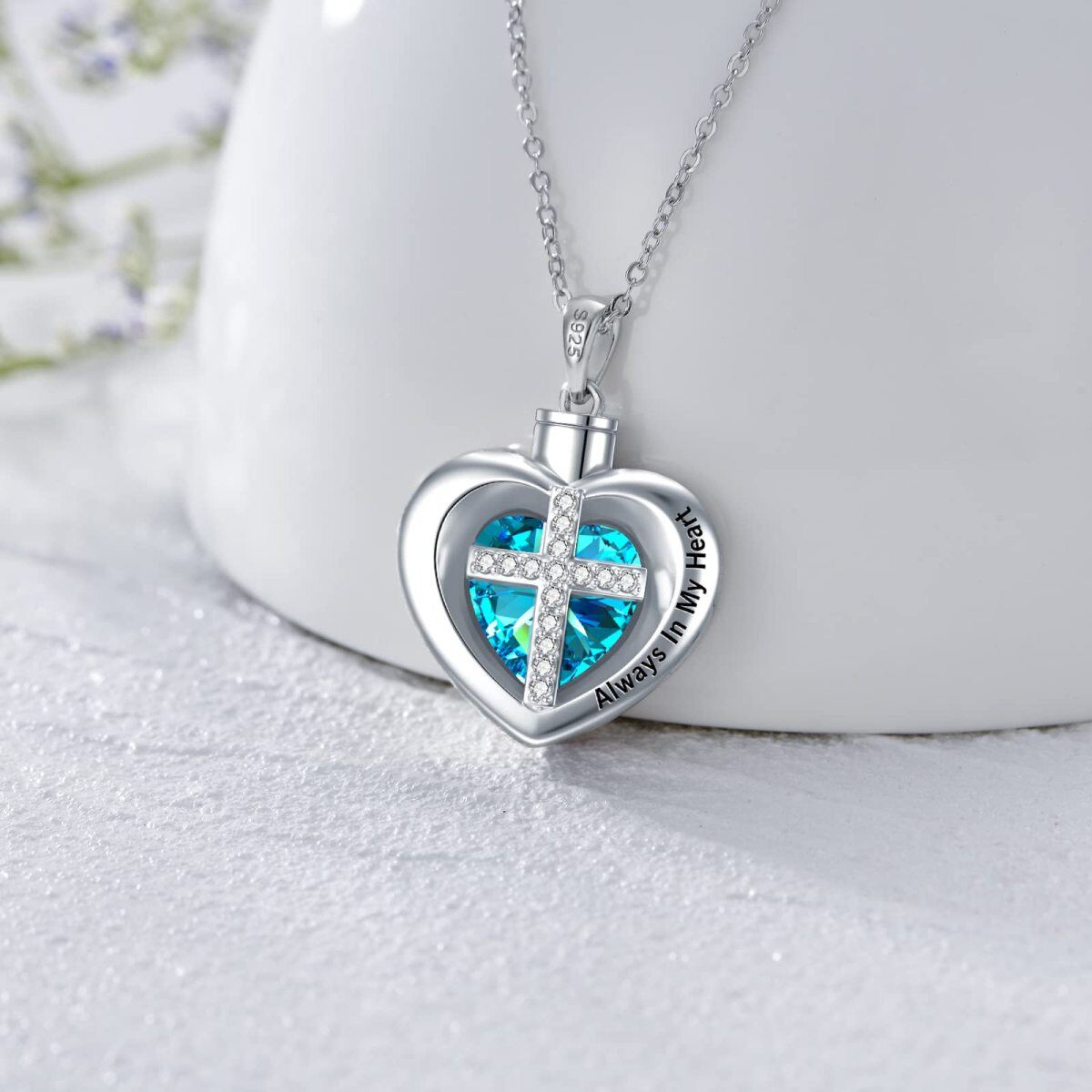 Sterling Silver Heart Crystal Cross Urn Necklace For Ashes Always In My Heart-3