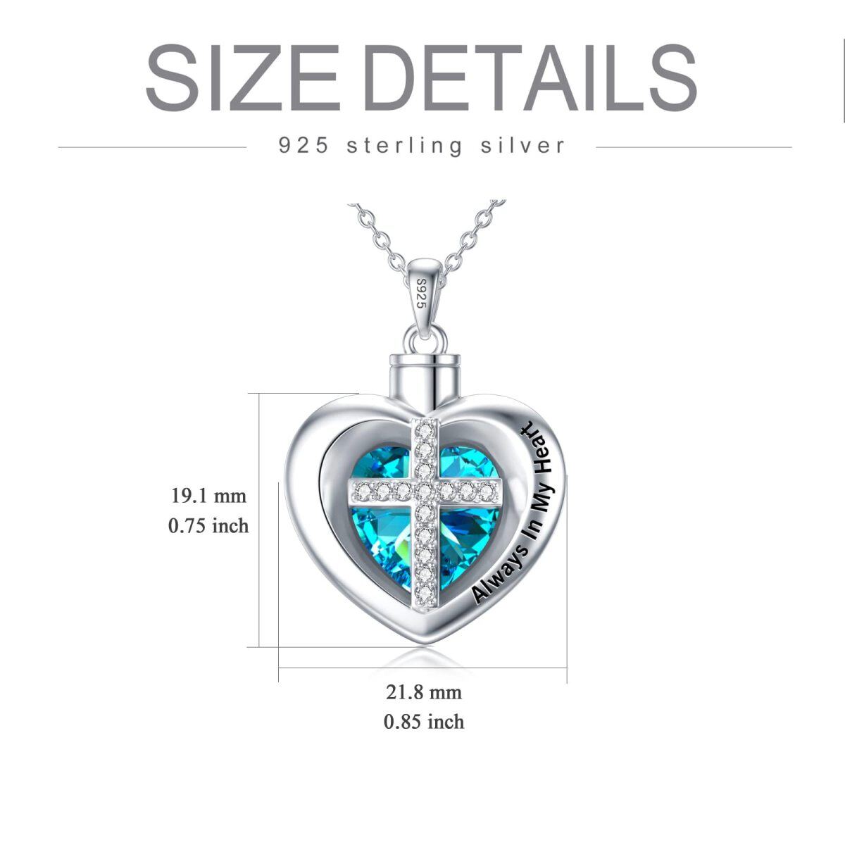 Sterling Silver Heart Crystal Cross Urn Necklace For Ashes Always In My Heart-5