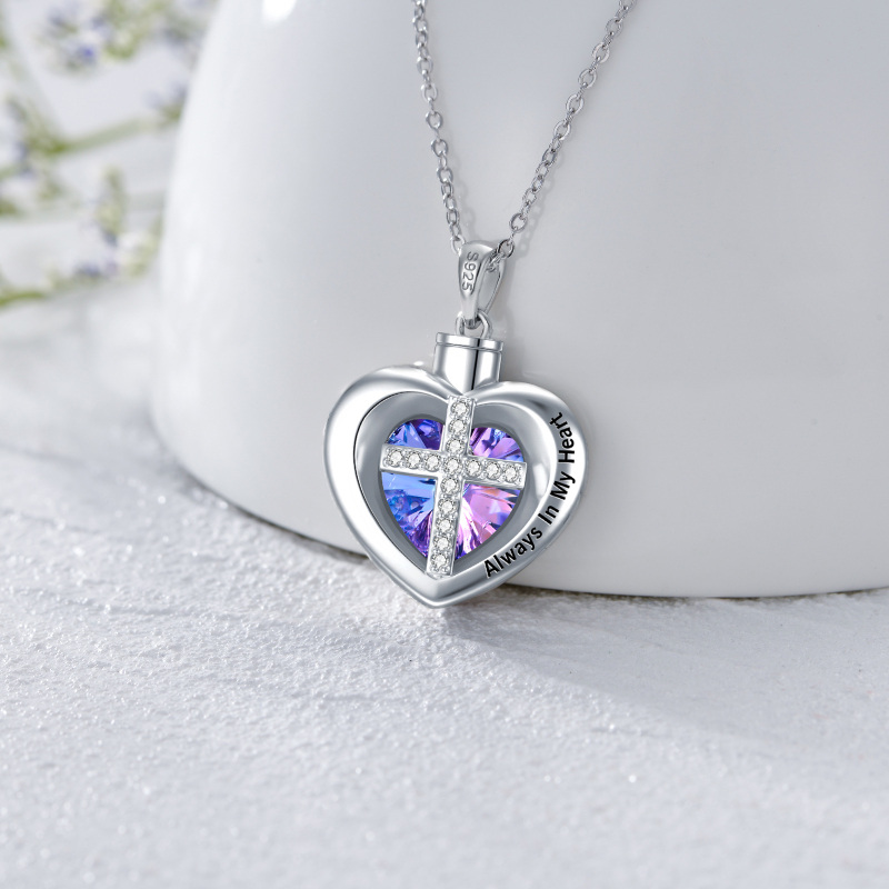 Sterling Silver Heart Crystal Cross Urn Necklace For Ashes Always In My Heart-3