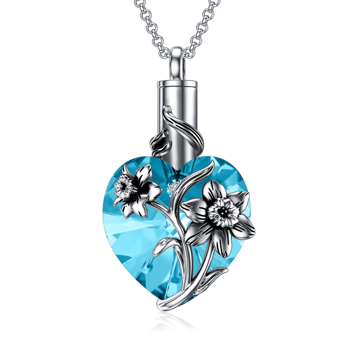 Sterling Silver Heart Crystal Lily Pendant Urn Necklace For Ashes Cremation Jewelry-1