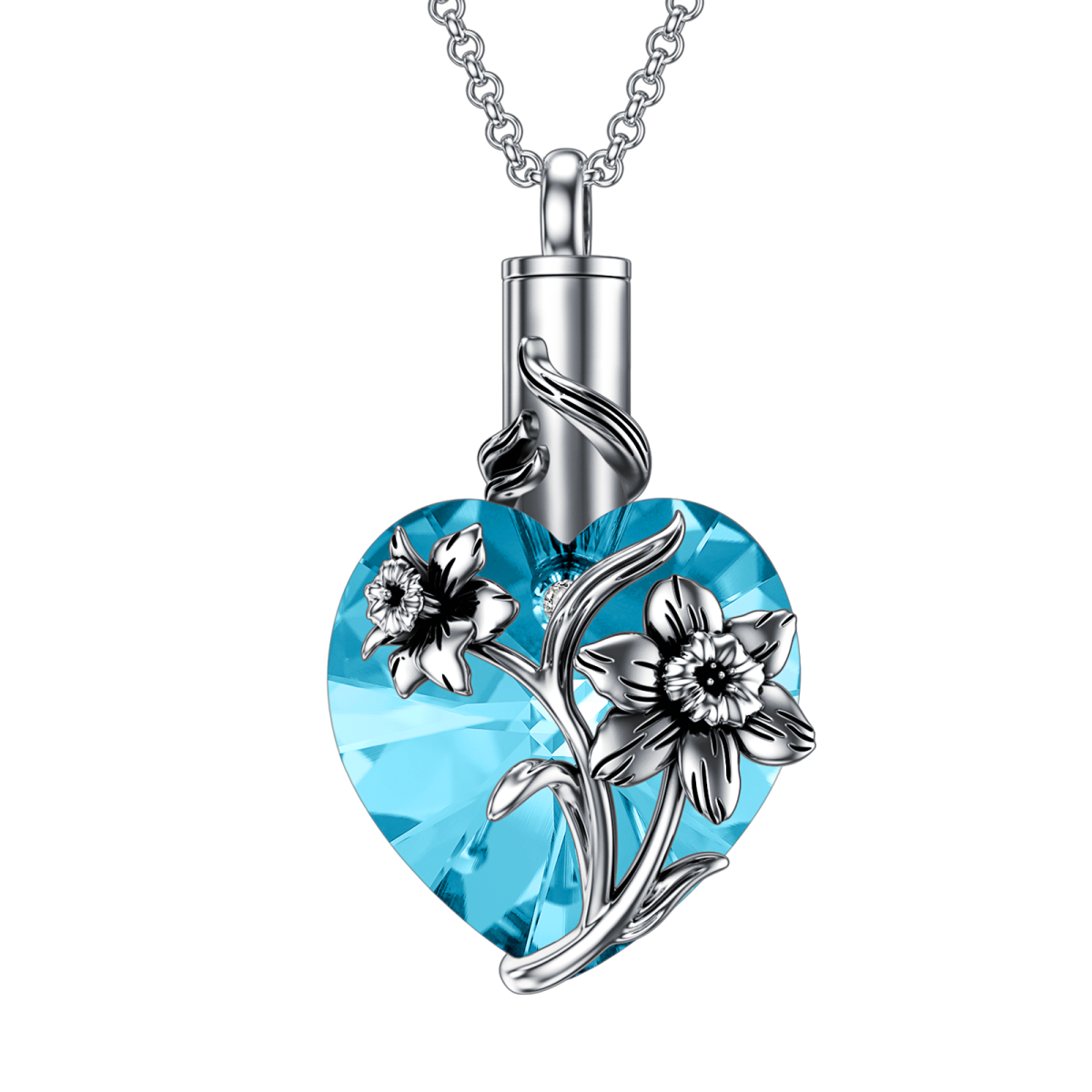 Sterling Silver Heart Crystal Lily Pendant Urn Necklace For Ashes Cremation Jewelry-3