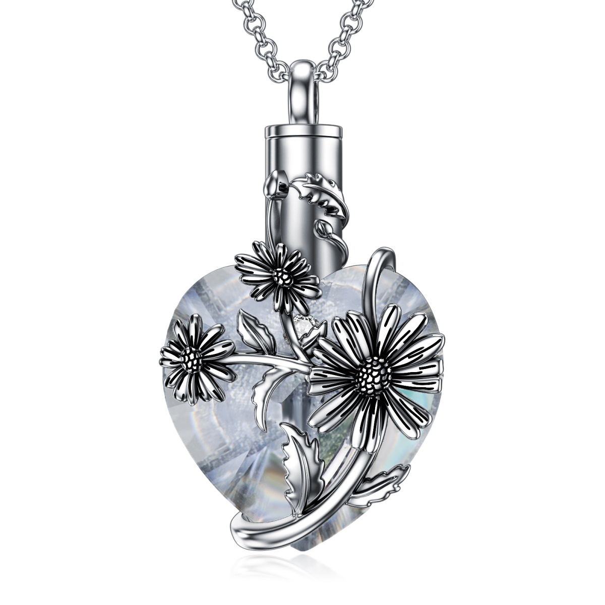 Sterling Silver Heart Shaped Crystal Daisy & Heart Urn Necklace for Ashes-1