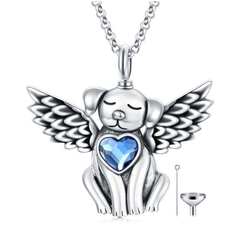 Plata de ley en forma de corazón de cristal Perro y Ángel Ala Urna collar-1