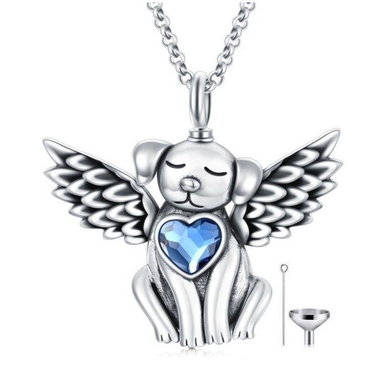 Sterling Silver Heart Shaped Crystal Dog & Angel Wing Urn Necklace for Ashes