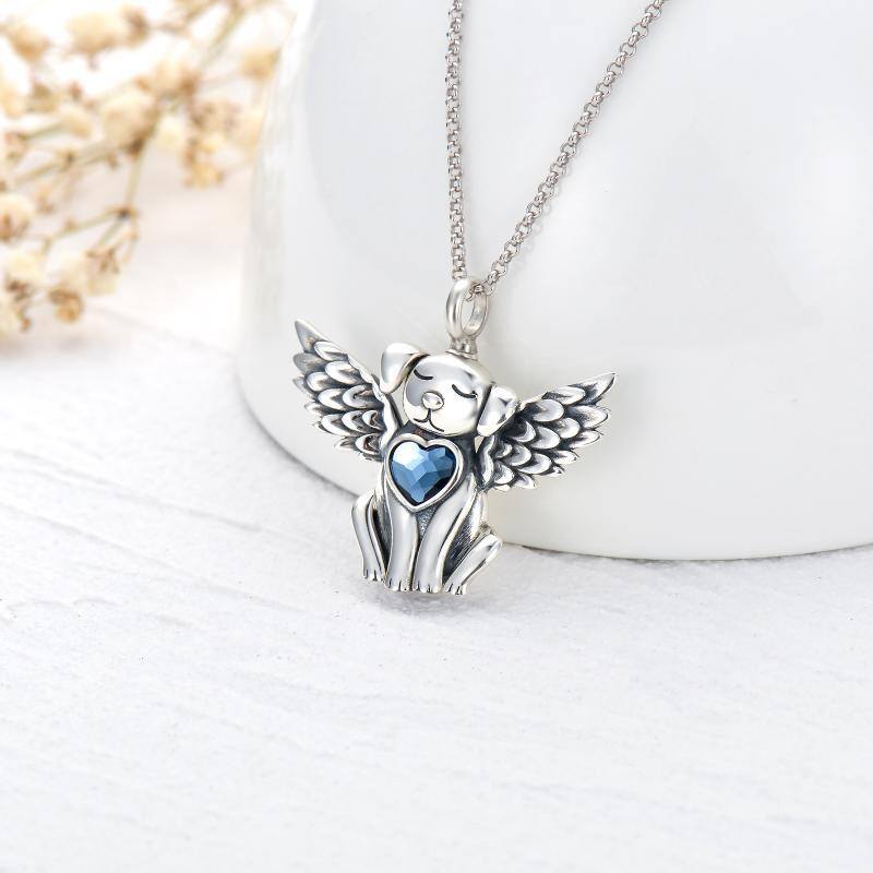 Sterling Silver Heart Shaped Crystal Dog & Angel Wing Urn Necklace for Ashes-3