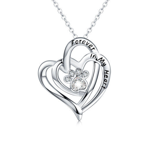 Sterling Silver Heart Cubic Zirconia Dog & Paw Pendant Necklace For Women