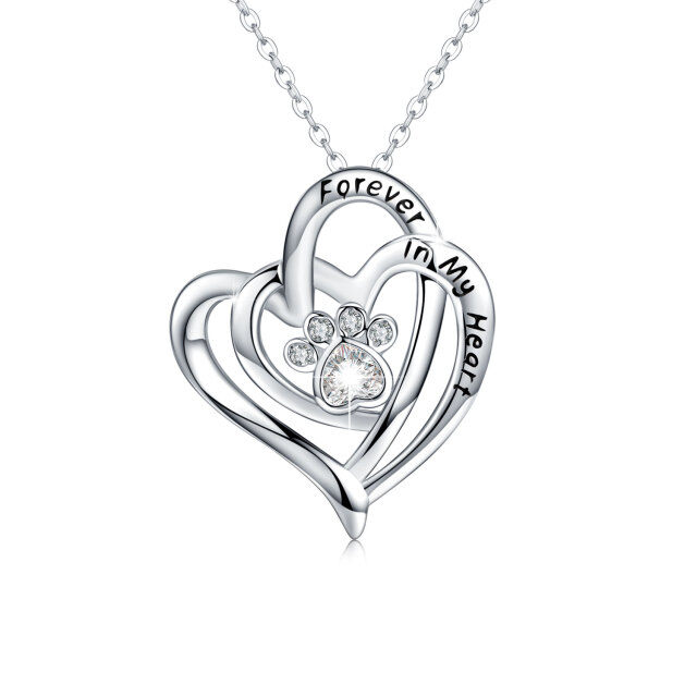 Sterling Silver Heart Shaped Crystal & Cubic Zirconia Dog & Paw & Heart Pendant Necklace with Engraved Word-4