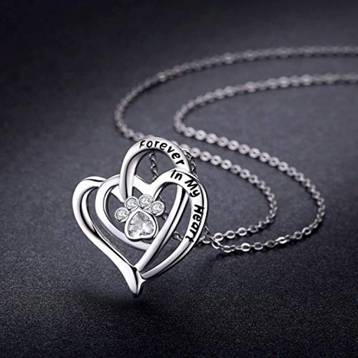 Collar con colgante de pata y perro de plata de ley con circonita cúbica y corazón para mujer-4