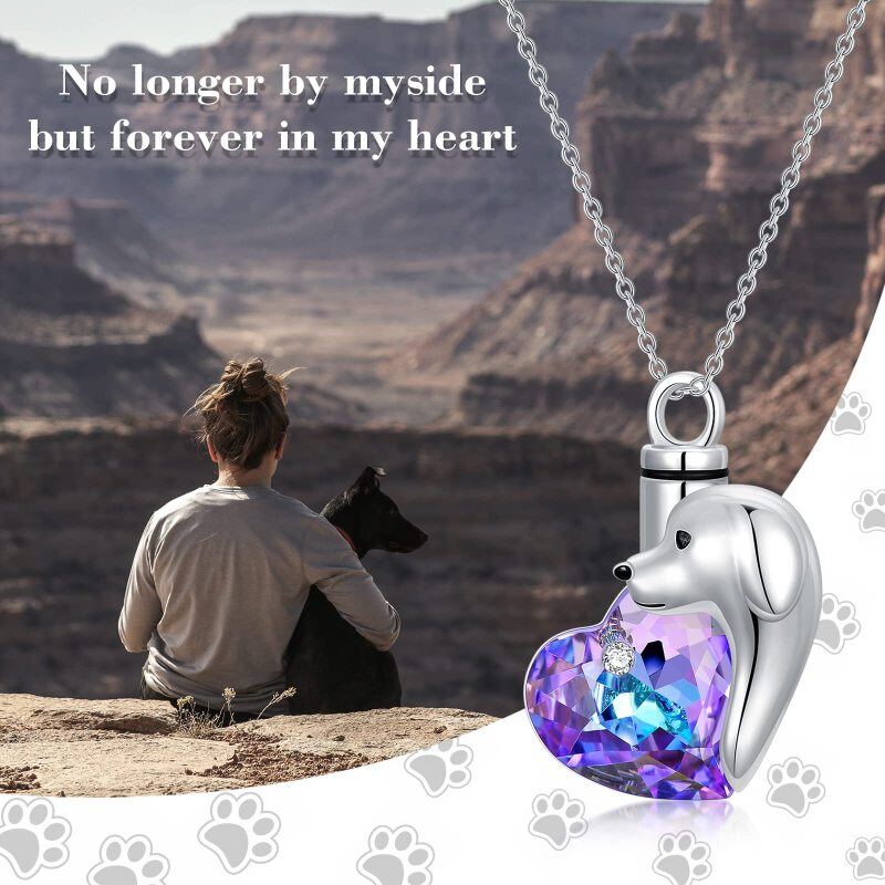 Sterling Silver Heart Crystal Dog Urn Necklace For Ashes-3