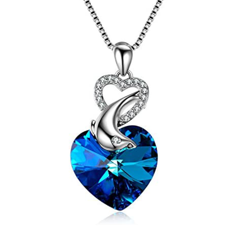 Sterling Silver Heart Crystal With Dolphin Pendant Necklace For Women-14