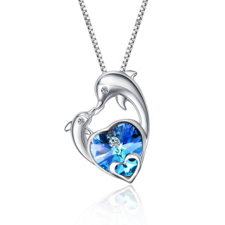 Sterling Silver Heart Shaped Crystal Dolphin & Heart Pendant Necklace-60