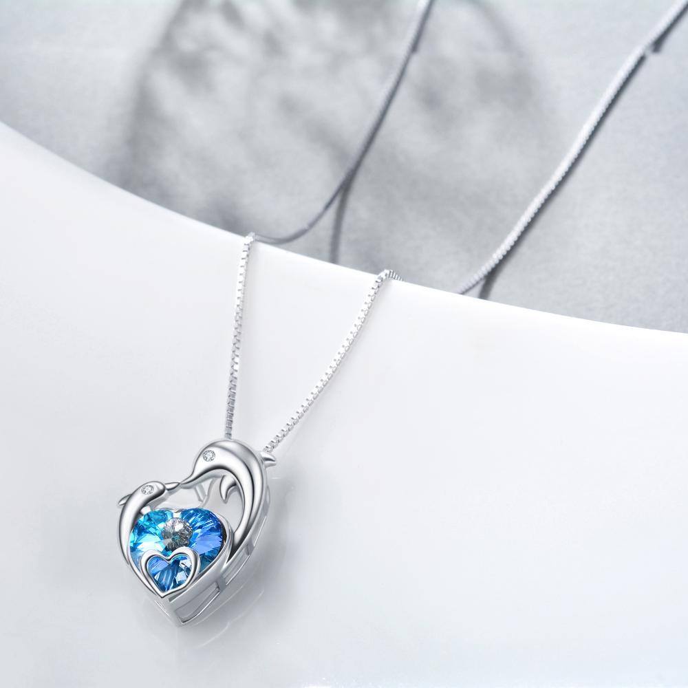 Collar de plata de ley con forma de corazón de cristal Delfín y colgante de corazón-3