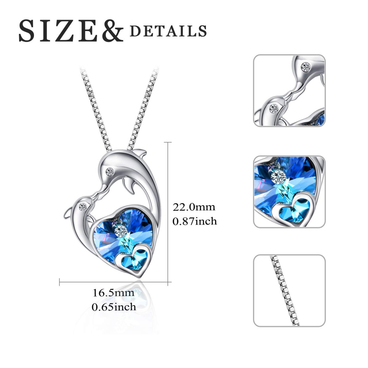 Collar de plata de ley con forma de corazón de cristal Delfín y colgante de corazón-5