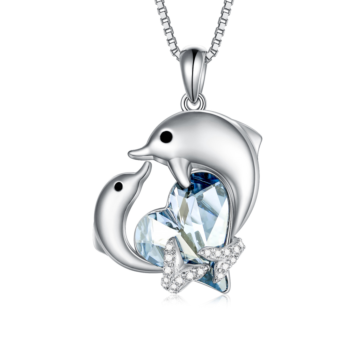 Sterling Silver Heart Crystal With Zircon Dolphin Pendant Necklace For Women-1