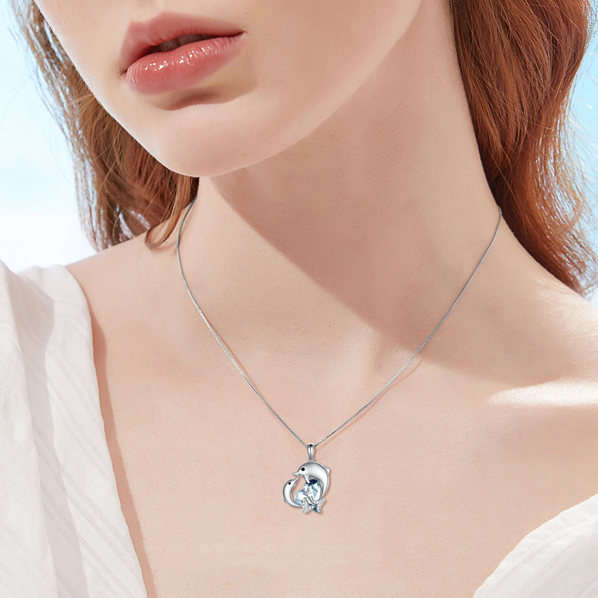 Sterling Silver Heart Crystal With Zircon Dolphin Pendant Necklace For Women-2