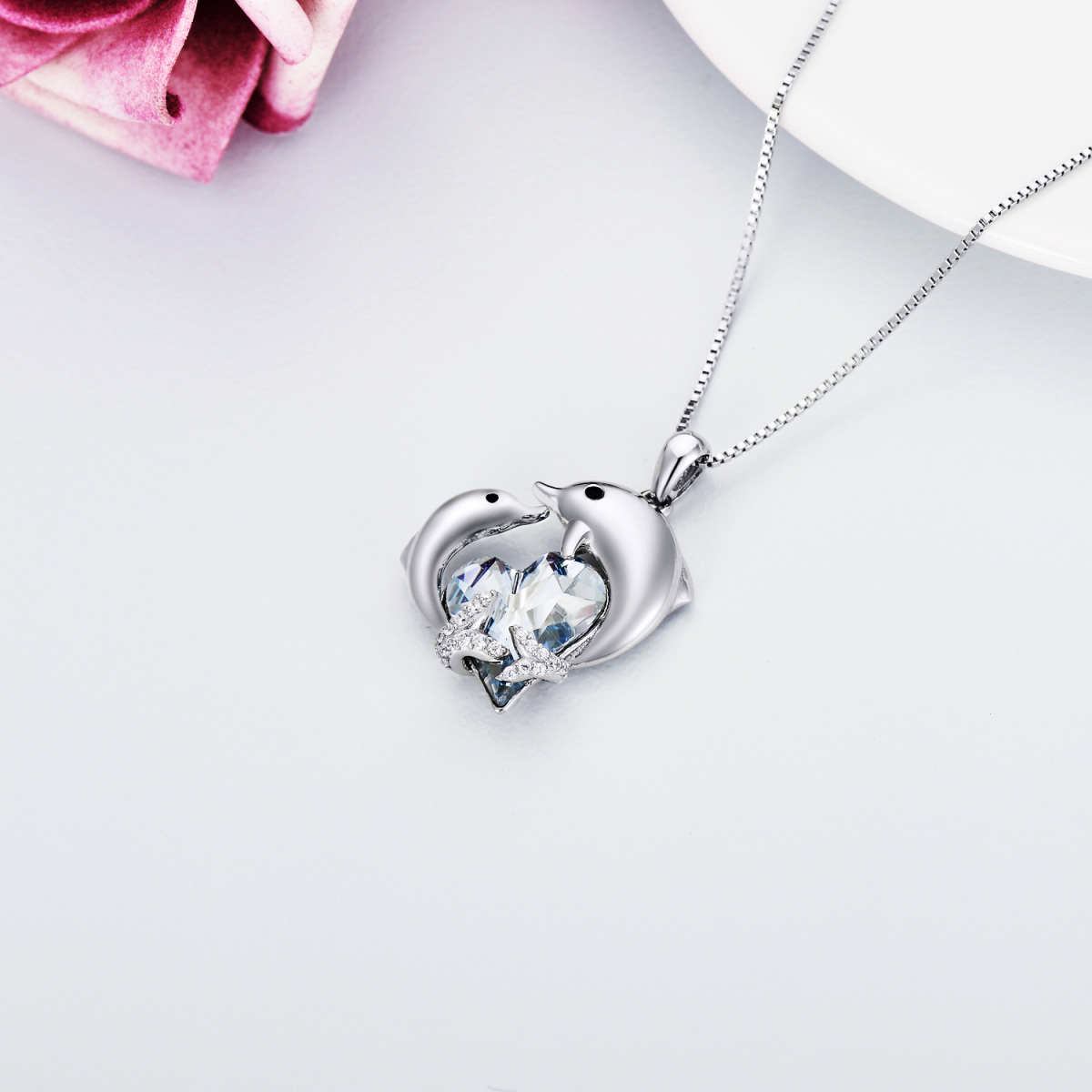 Sterling Silver Heart Crystal With Zircon Dolphin Pendant Necklace For Women-3