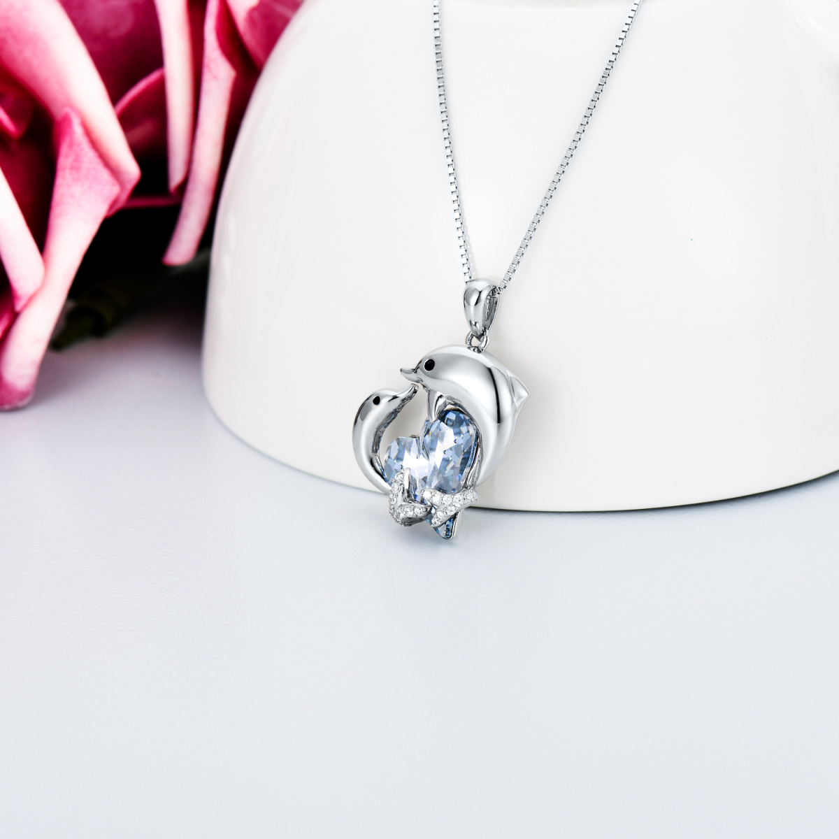 Sterling Silver Heart Crystal With Zircon Dolphin Pendant Necklace For Women-4