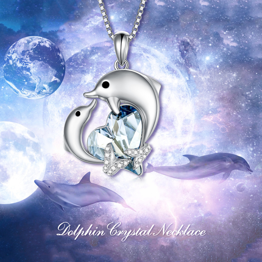 Sterling Silver Heart Crystal With Zircon Dolphin Pendant Necklace For Women-6