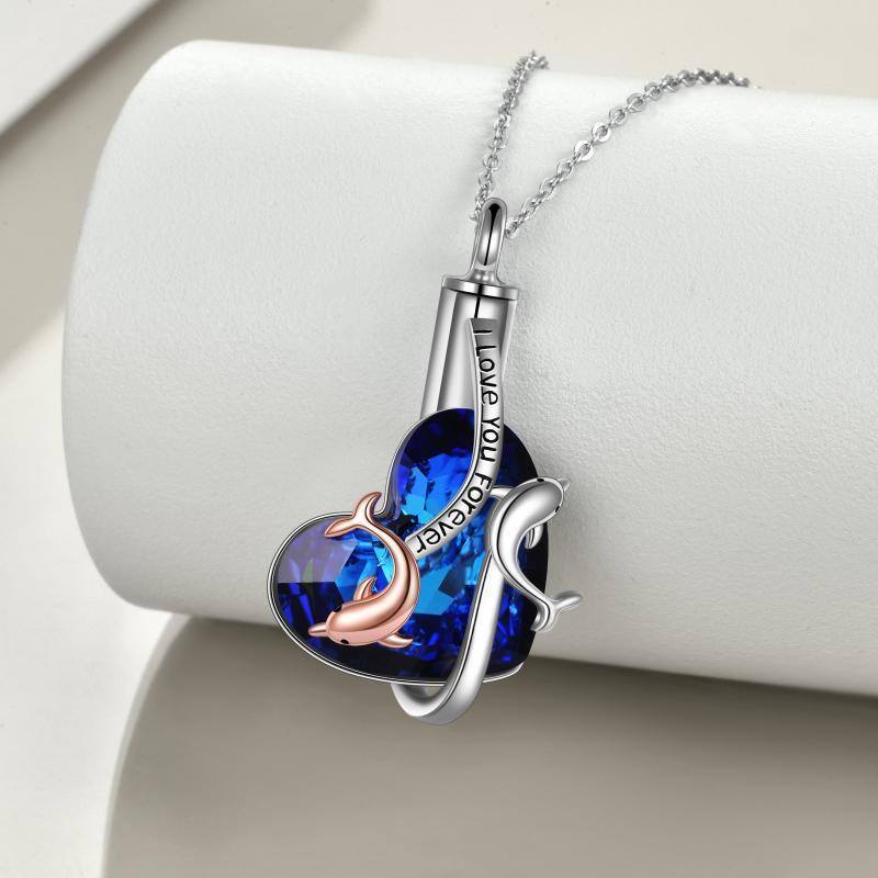 Colar de urna de golfinho de cristal de coração de prata esterlina para cinzas com palavra gravada-3