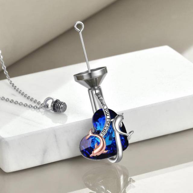 Sterling Silver Heart Shaped Crystal Dolphin & Heart Urn Necklace for Ashes with Engraved Word-4