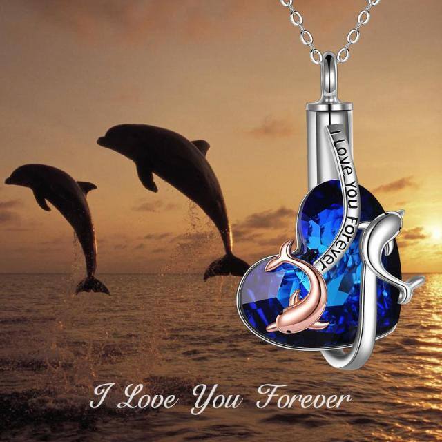 Sterling Silver Heart Crystal Dolphin Urn Necklace For Ashes With Engraved Word-5