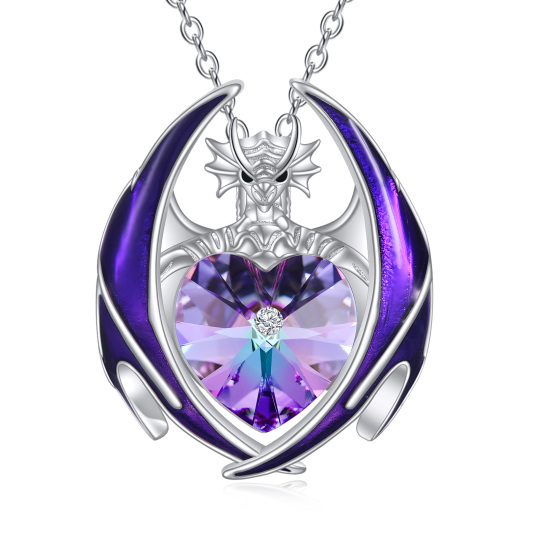 Collana con ciondolo a forma di drago e cuore in cristallo viola con cuore in argento sterling