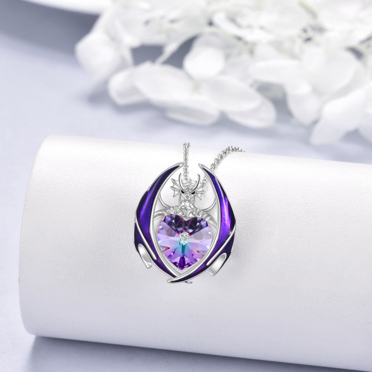 Collier pendentif coeur et dragon en cristal violet en argent sterling-3