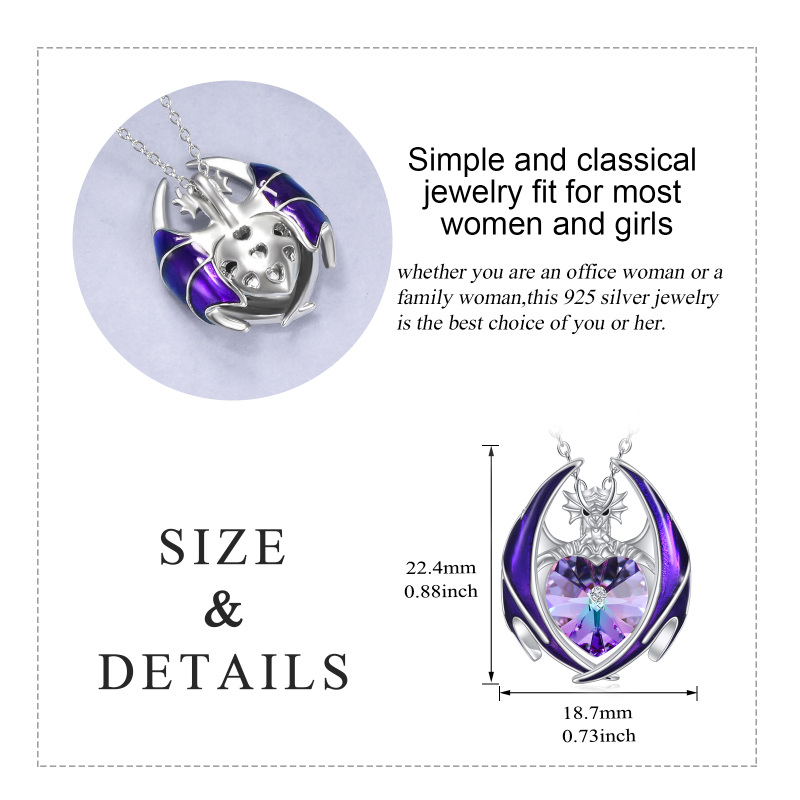 Collana con ciondolo a forma di drago e cuore in cristallo viola con cuore in argento sterling-5