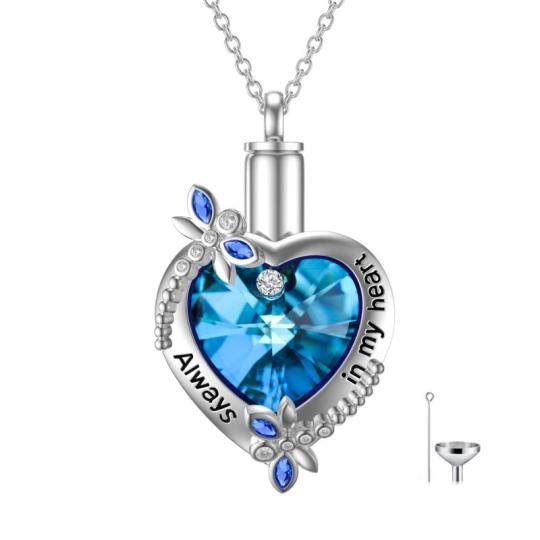 Sterling Silver Heart Shaped Crystal Dragonfly & Heart Urn Necklace for Ashes with Engraved Word