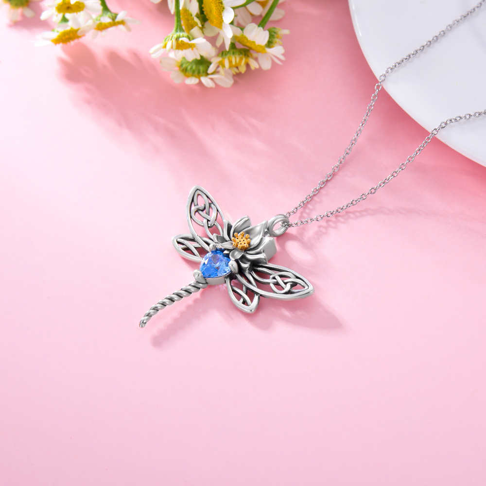 Sterling Silver Heart Shaped Crystal Dragonfly Urn Necklace for Ashes-3