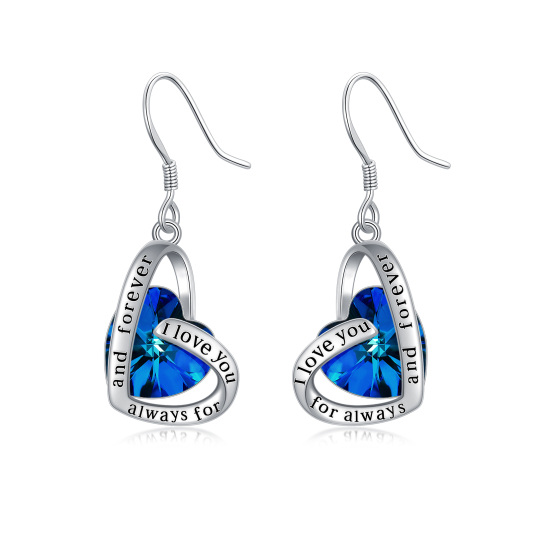 Orecchini pendenti a forma di cuore in cristallo blu in argento sterling con incisione Ti amo per sempre e per sempre