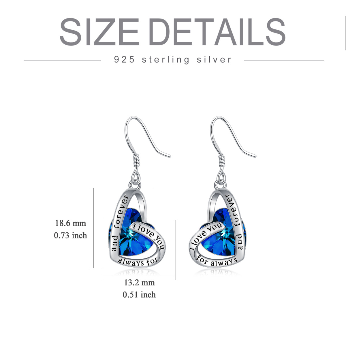 Sterling Silver Heart Shaped Crystal Heart Drop Earrings with Engraved Word-6