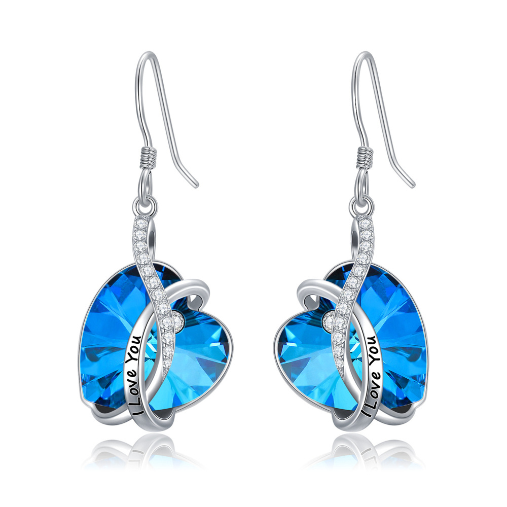 Sterling Silver Heart Crystal Heart Drop Earrings With Engraved Word-1
